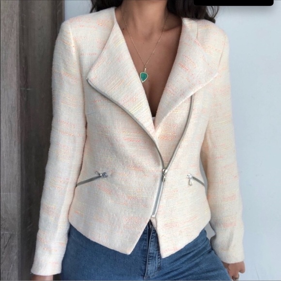 Zara Womens Tweed Moto Jacket Small Ivory Neon Texture Full Zip Blazer Career - Picture 1 of 16